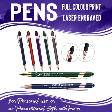 Laser engraved or printed pens for personal use or gift.